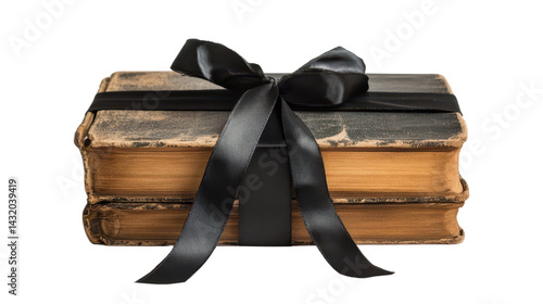 Obraz na płótnie Old leather bound book wrapped with black ribbon on a transparent background w salonie