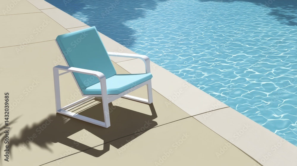 Obraz premium Light Blue Lounge Chair on Beige Patio Next to Sparkling Swimming Pool with Shadow of Palm Frond, Summer Vacation