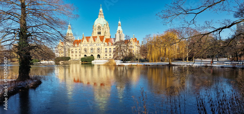 The historic and elegant architecture is beautifully reflected in the serene, calm lake surface Maschpark Hannover