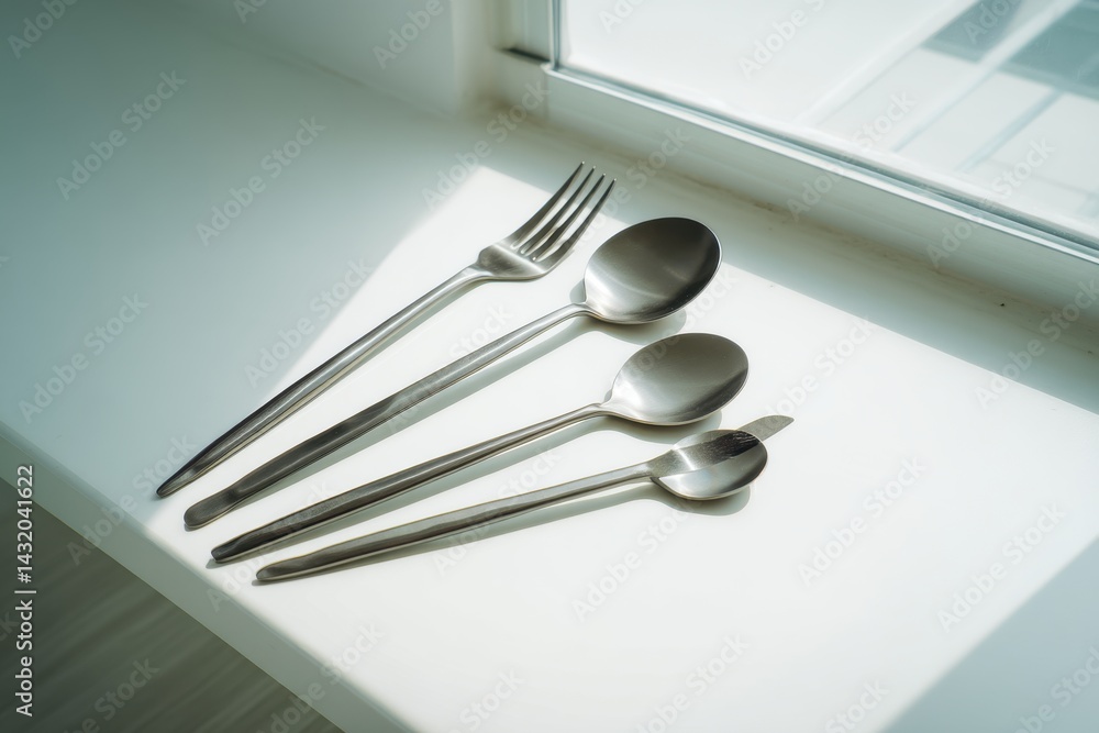 Silverware set: A close-up of a fork, three spoons of different sizes in soft window light, reflecting simplicity and minimalist aesthetics on a white table. Silverware set: A close-up of a fork, three spoons of different sizes in soft window light, reflecting simplicity and minimalist aesthetics on a white table.