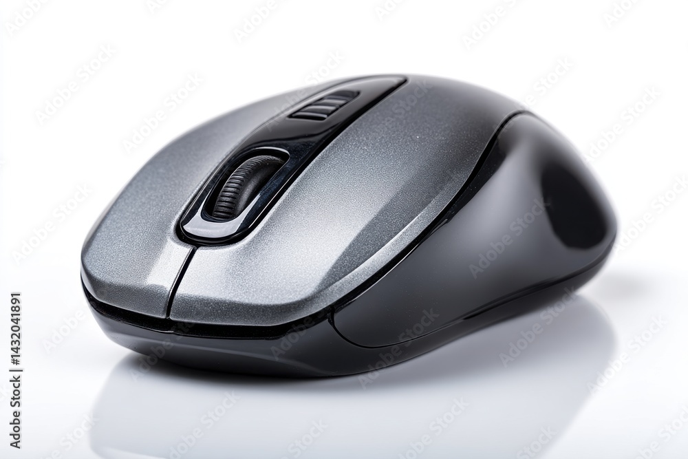 Close-up of a modern wireless computer mouse, showcasing its ergonomic design, with a stylish gray and black finish, reflecting on a white background surface.