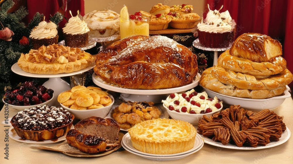 An Abundance of Christmas Pastries and Cakes on a Table An Abundance of Christmas Pastries and Cakes on a Table