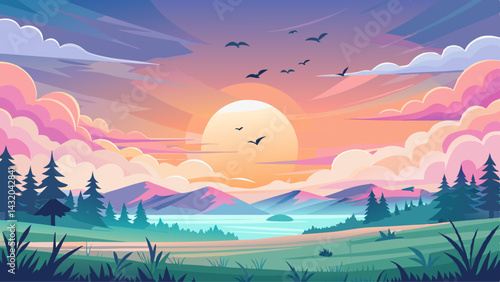A peaceful summer sky with soft, pastel colors of the sunrise and a flock of birds soaring freely in the cool morning air
