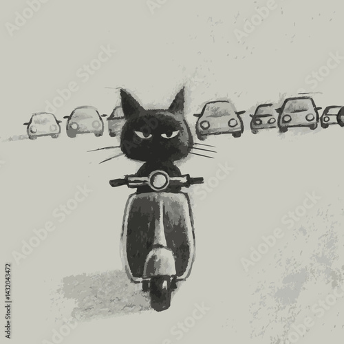 Cat riding scooter with attitude against busy traffic background  