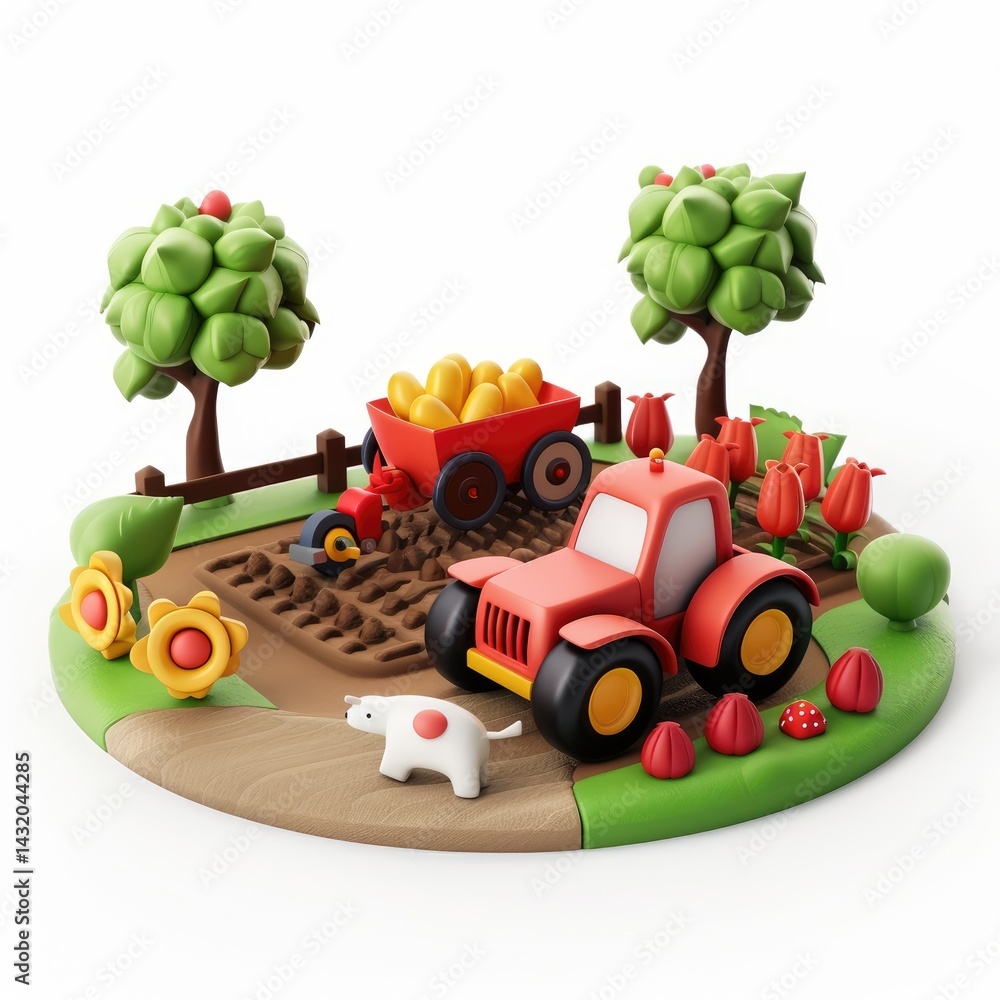 Obraz premium Colorful farm scene with tractor and harvest.