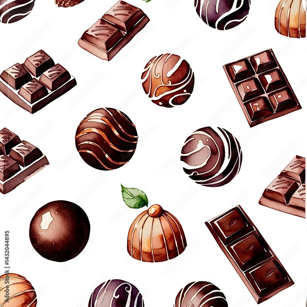 Obraz premium Watercolor illustration of chocolate truffle assortiment for dessert.