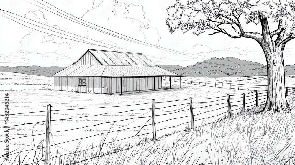 Fototapeta premium Black And White Sketch Of A Rural Barn And Fence In A Farmland