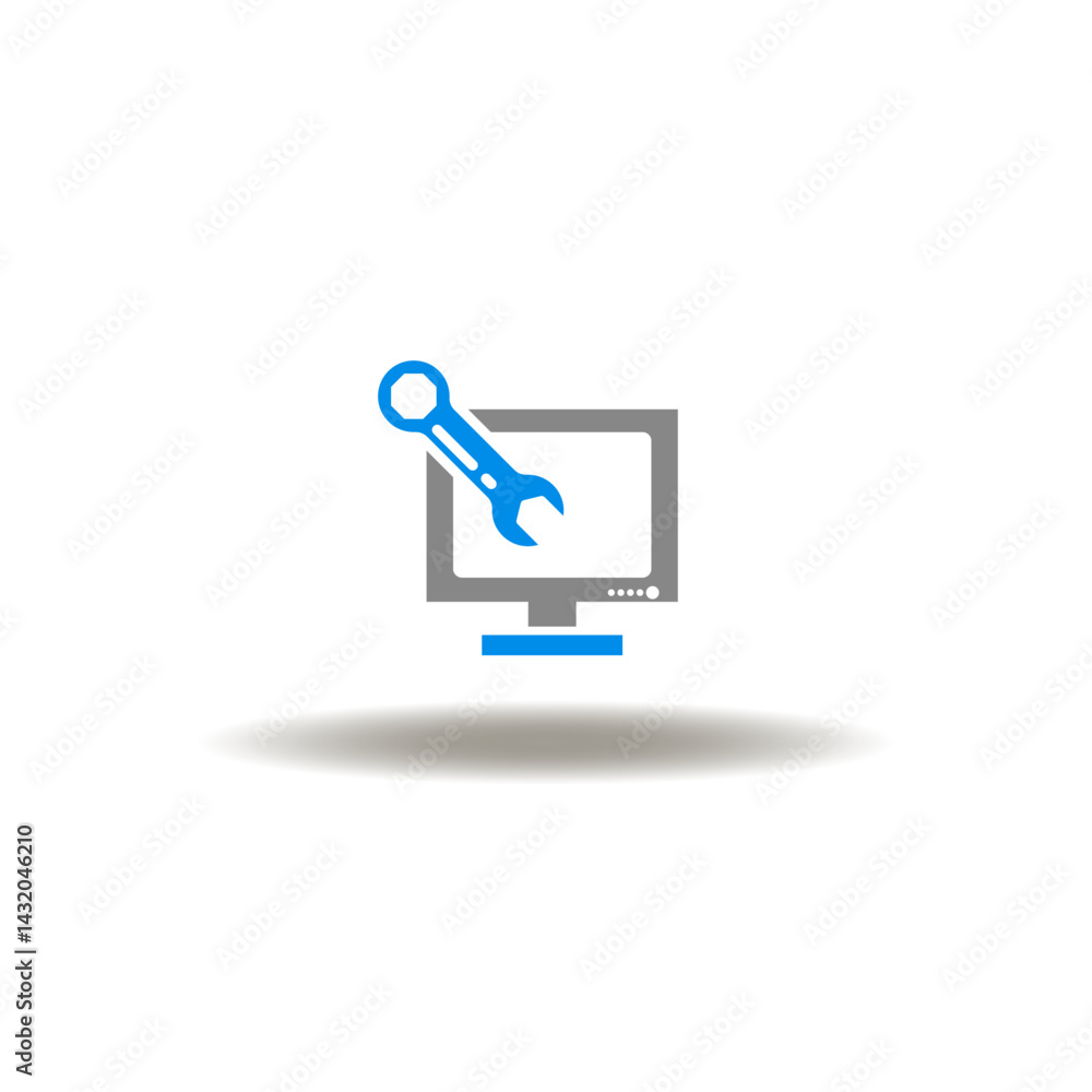 Vector illustration of monitor computer with wrench. Symbol of customize. Icon of system maintenance. Sign of computer settings, repair, modernization.