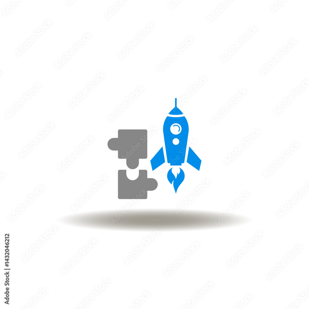 Vector illustration of rocket and puzzle pieces. Symbol of leadership. Icon of challenge, mission.