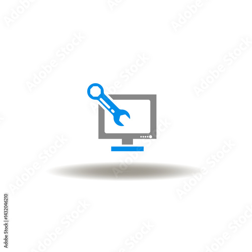 Obraz na płótnie Vector illustration of monitor computer with wrench. Symbol of customize. Icon of system maintenance. Sign of computer settings, repair, modernization. w salonie
