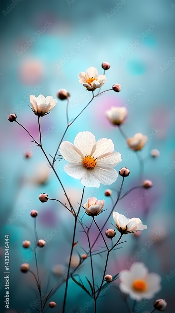 Fototapeta premium Delicate white flowers bloom against a soft, teal backdrop