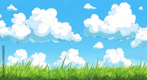 A vibrant illustration of a sunny day with fluffy clouds and green grass.