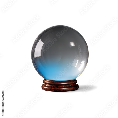 A crystal ball with a gradient blue tint sits on a wooden base, reflecting light and casting a soft shadow on a white background.