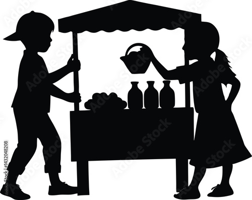 silhouette of kids selling lemonade stand
