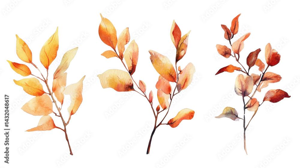 watercolor autumn branch element set isolated on white transparent background