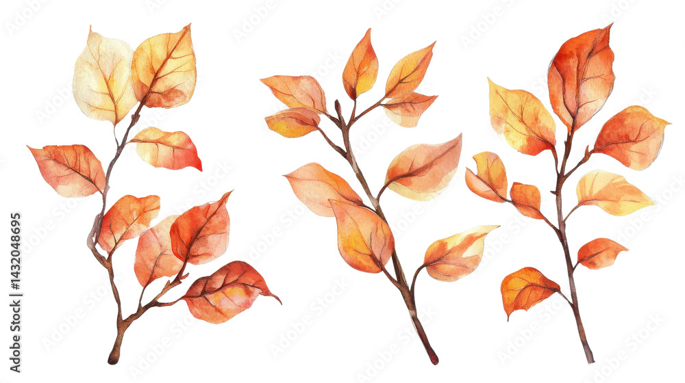 watercolor autumn branch element set isolated on white transparent background