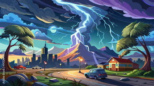 A hyper realistic photo of a powerful thunderstorm, bad weather