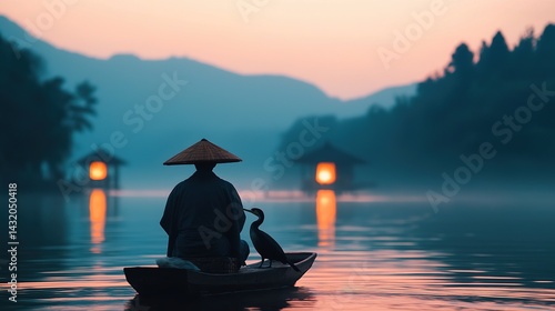 Traditional japanese fisherman balancing with cormorant at sunrise serene lake gigapixel quality tranquil environment