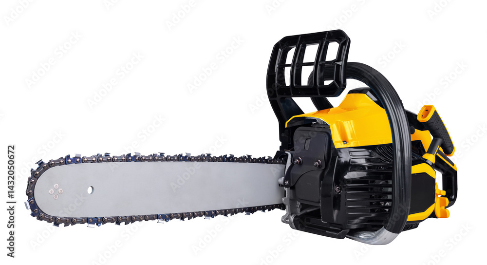 yellow black modern petrol engine chainsaw isolated white background. garden and forest working concept