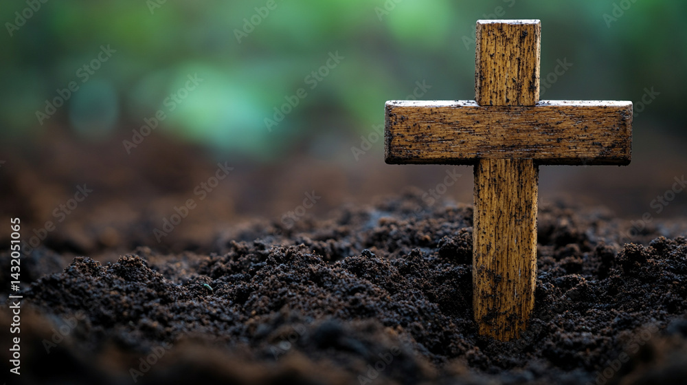 Simple wooden cross stands upright in a mound of earth, symbolizing Christian faith, Easter resurrection, and humility. A minimal, isolated tribute to spirituality and sacred devotion.
Simple wooden cross stands upright in a mound of earth, symbolizing Christian faith, Easter resurrection, and humility. A minimal, isolated tribute to spirituality and sacred devotion.