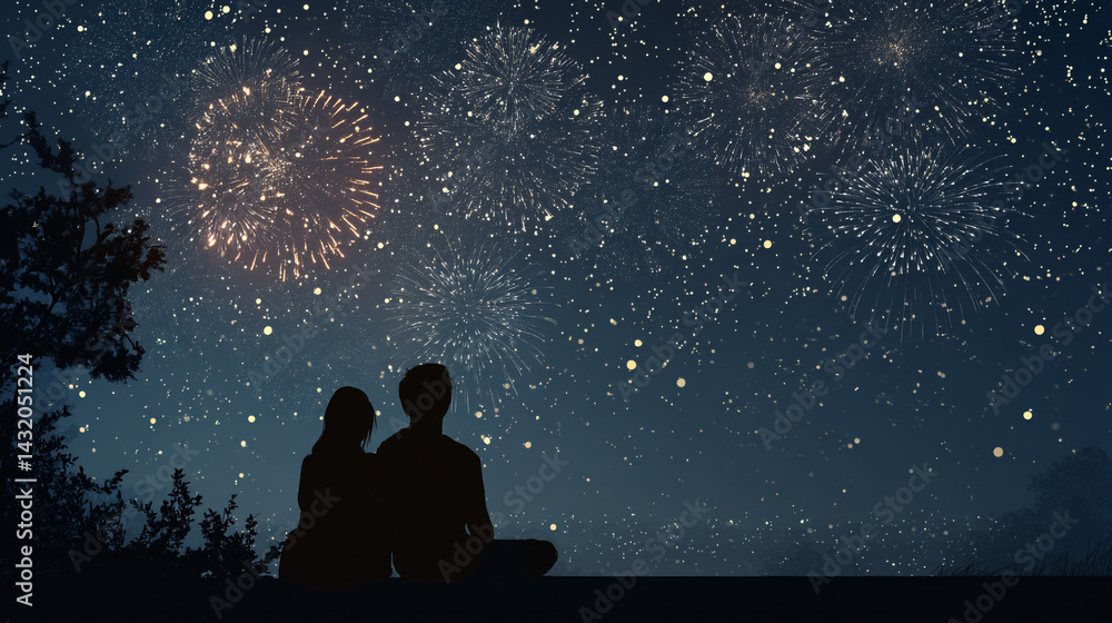 Couple Watching Fireworks in the Night Sky Couple Watching Fireworks in the Night Sky