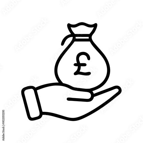 Money bag icon with pound sign held in hand, financial success concept