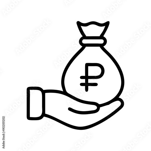 Hand holding money bag icon with Russian ruble sign, financial concept