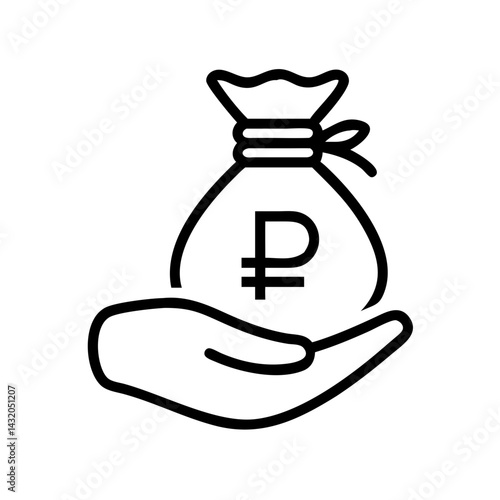 Money bag icon with Russian ruble sign held in hand, financial support concept