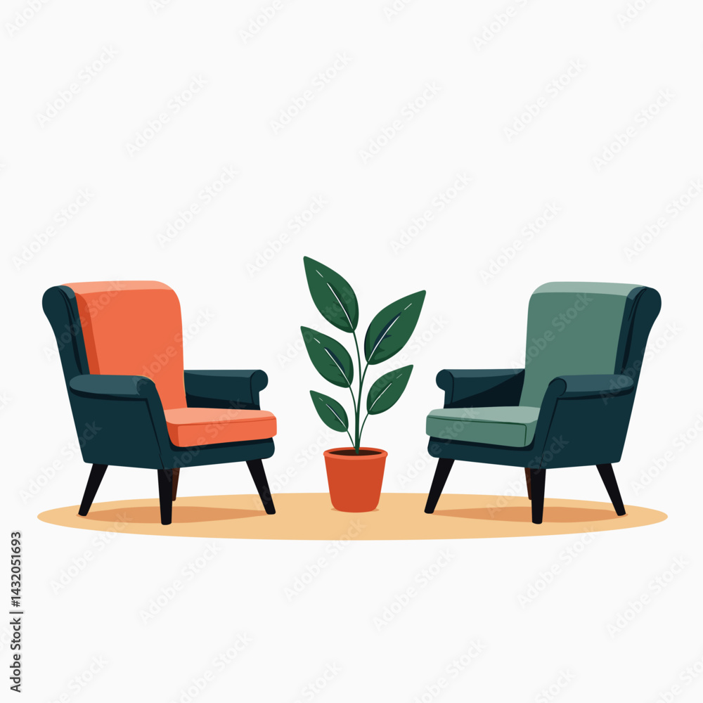 Fototapeta premium modern chairs conversation set, green and orange, plant pot indoor decor
