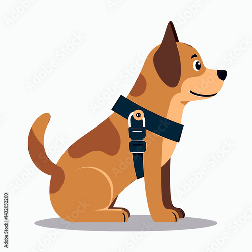 cute brown dog with black harness on leash