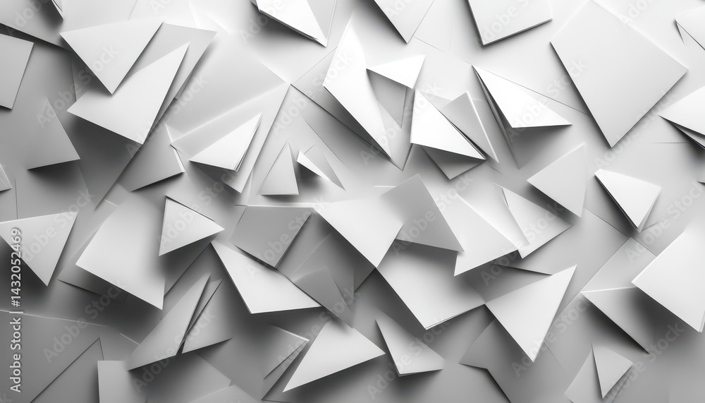 Abstract geometric background of triangles and squares. A multitude of interlocking, light gray and white shapes create a complex, three-dimensional pattern. Abstract geometric background of triangles and squares. A multitude of interlocking, light gray and white shapes create a complex, three-dimensional pattern.
