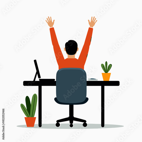 celebrating success at work  man raising hands in office