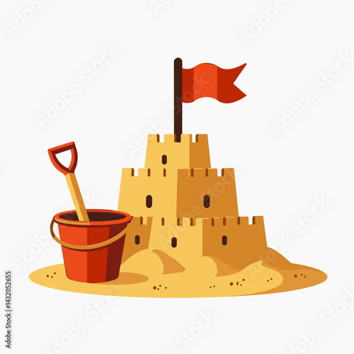 vibrant beach sandcastle illustration with shovel and flag