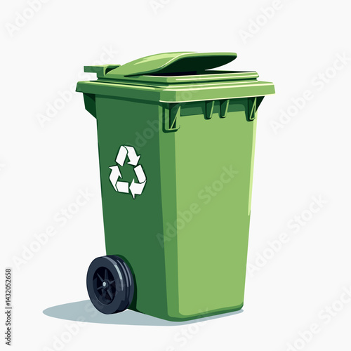 green recycling trash bin with lid, empty, illustrated