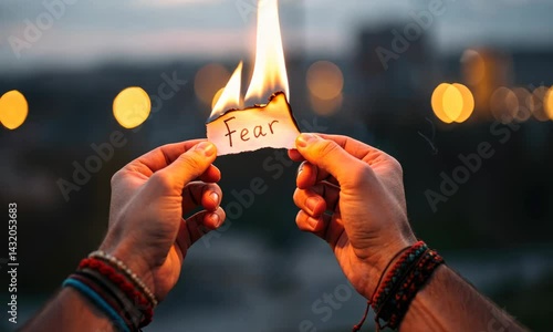 Two hands hold burning paper with word 