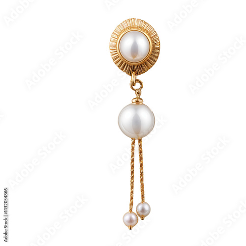 Golden pearl earring isolated on a transparent background.