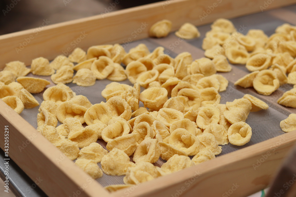 Orecchiette, a type of Italian pasta. Demonstration of the famous Apulian orecchiette common in Italy. Varieties of fresh pasta. Italian pasta in the shape of small ears. Handmade orecchiette pasta