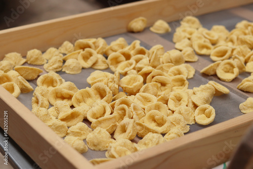 Orecchiette, a type of Italian pasta. Demonstration of the famous Apulian orecchiette common in Italy. Varieties of fresh pasta. Italian pasta in the shape of small ears. Handmade orecchiette pasta