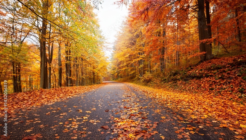 Obraz premium autumn forest road with leaves on pathway
