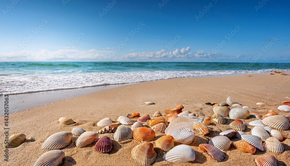 seashells scattered on a sandy beach with gentle waves in the background under a bright blue sky highlighting summer vacation vibes seashells scattered on a sandy beach with gentle waves in the background under a bright blue sky highlighting summer vacation vibes