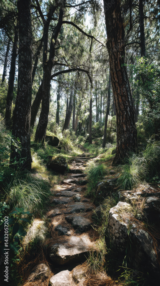 Obraz premium A winding stone path leads through a tranquil forest of tall pine trees with sunlight streaming through the canopy creating a serene and inviting atmosphere.