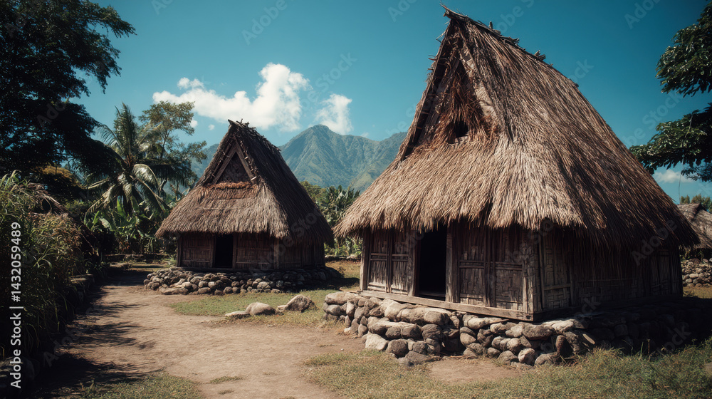 Two traditional thatched-roof houses stand serenely in a village, framed by lush tropical foliage and a majestic mountain backdrop beneath a clear blue sky. Two traditional thatched-roof houses stand serenely in a village, framed by lush tropical foliage and a majestic mountain backdrop beneath a clear blue sky.