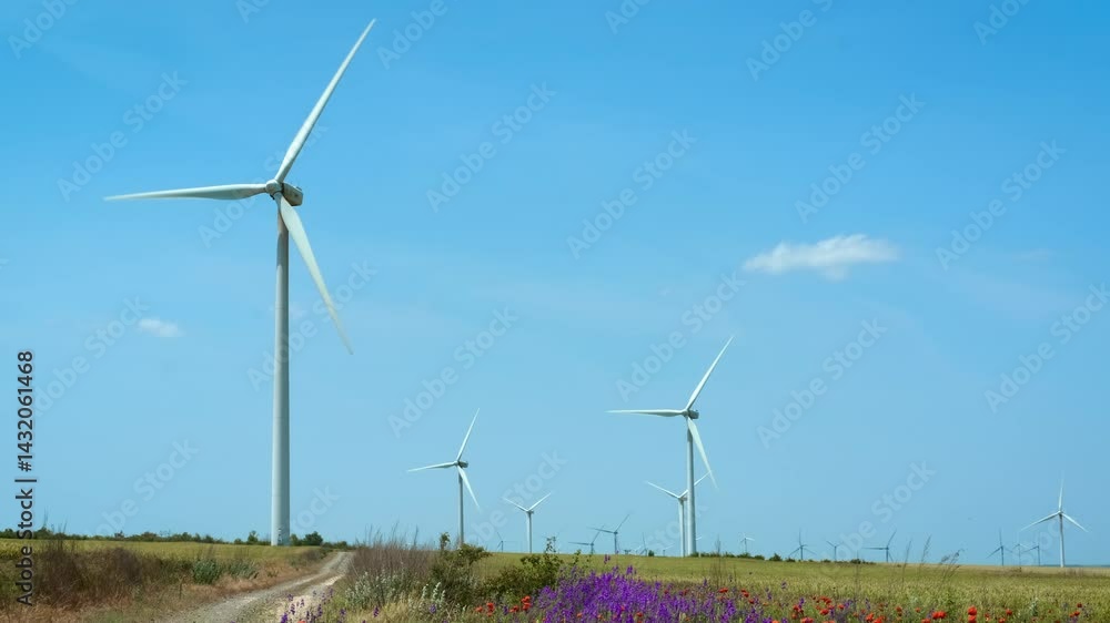 Multiple wind turbines generate renewable energy under a clear blue sky. Blades rotate smoothly, showcasing a sustainable technology in a vibrant green field on a sunny day Multiple wind turbines generate renewable energy under a clear blue sky. Blades rotate smoothly, showcasing a sustainable technology in a vibrant green field on a sunny day