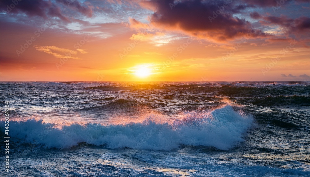 Fototapeta premium dramatic sunset over crashing waves on the ocean