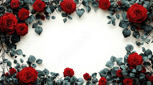 Red Roses and Dark Green Leaves Frame on White Background