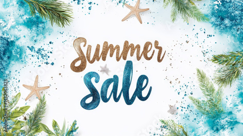 Artistic summer sale illustration featuring fluid blue and green watercolor splashes with stylish hand-drawn lettering. Fresh, dynamic design perfect for seasonal promotions, ads, and social media.