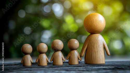 Minimal wooden sculpture of a mother embracing her children, symbolizing nurturing, family unity, and generational connection; represents demographics, population growth, and social care.

