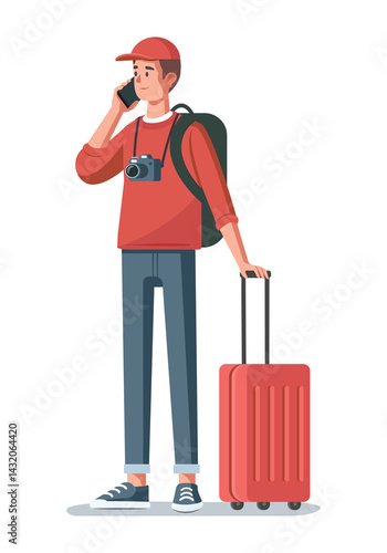 A tourist with a suitcase. Colored flat illustration. White background.