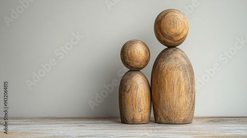 Minimal wooden sculpture of a mother embracing her children, symbolizing nurturing, family unity, and generational connection; represents demographics, population growth, and social care.

