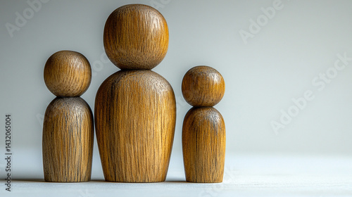Minimal wooden sculpture of a mother embracing her children, symbolizing nurturing, family unity, and generational connection; represents demographics, population growth, and social care.

